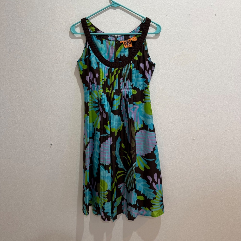 Tory Burch 100% Silk Floral Sleeveless Dress Brown Green Blue Size 2
